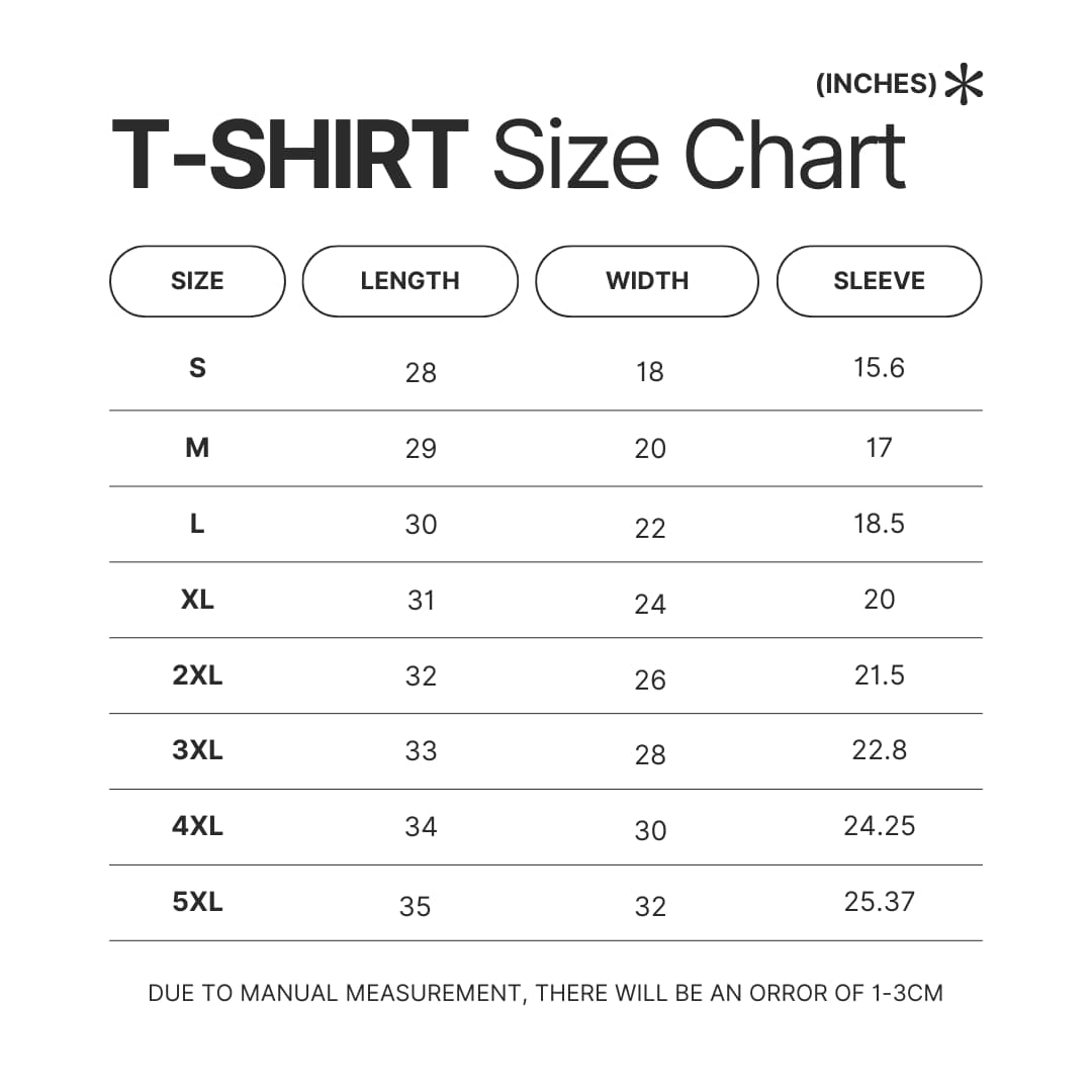 T shirt Size Chart - Armored Core Store